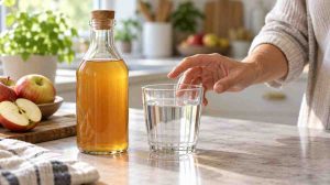 Apple cider vinegar for acid reflux beside a glass of water in a bright kitchen