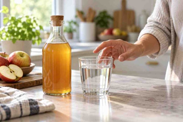 Apple cider vinegar for acid reflux beside a glass of water in a bright kitchen