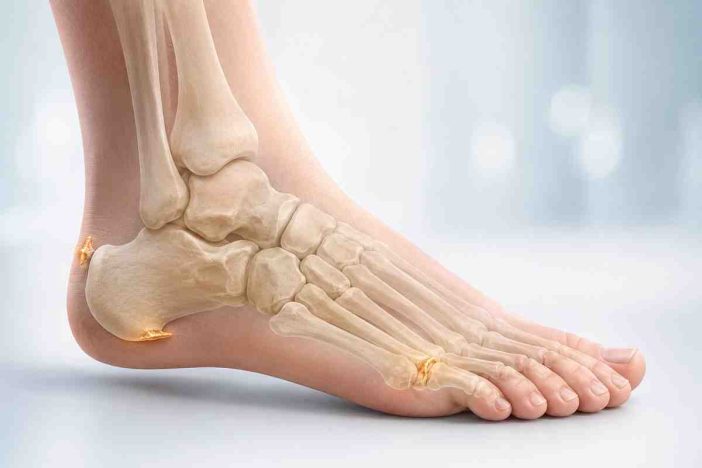 Illustration showing common locations of bone spurs in the foot