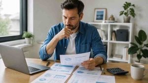 Self-employed professional comparing health insurance plans at a home office