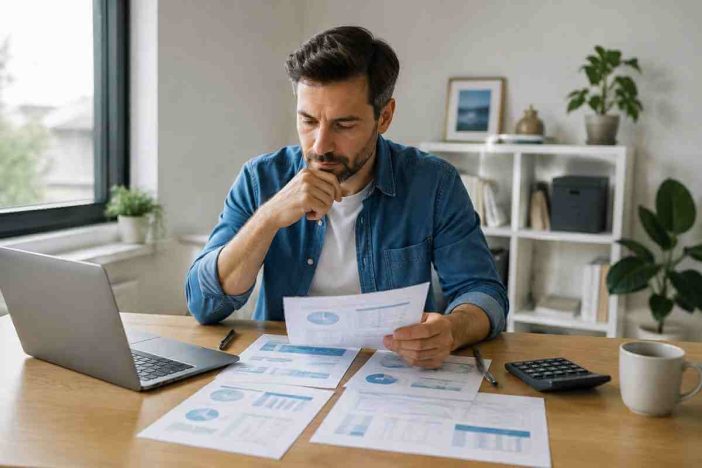Self-employed professional comparing health insurance plans at a home office