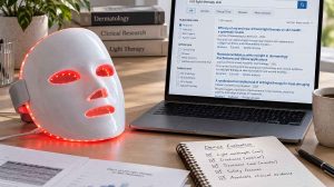FDA-cleared LED face mask beside a laptop and model verification checklist