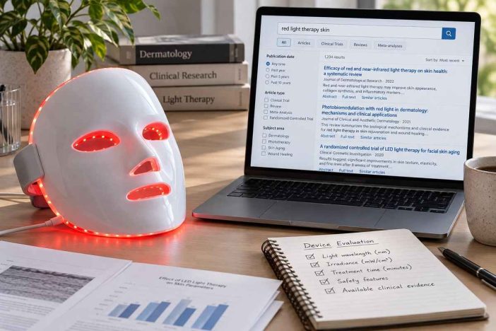 FDA-cleared LED face mask beside a laptop and model verification checklist